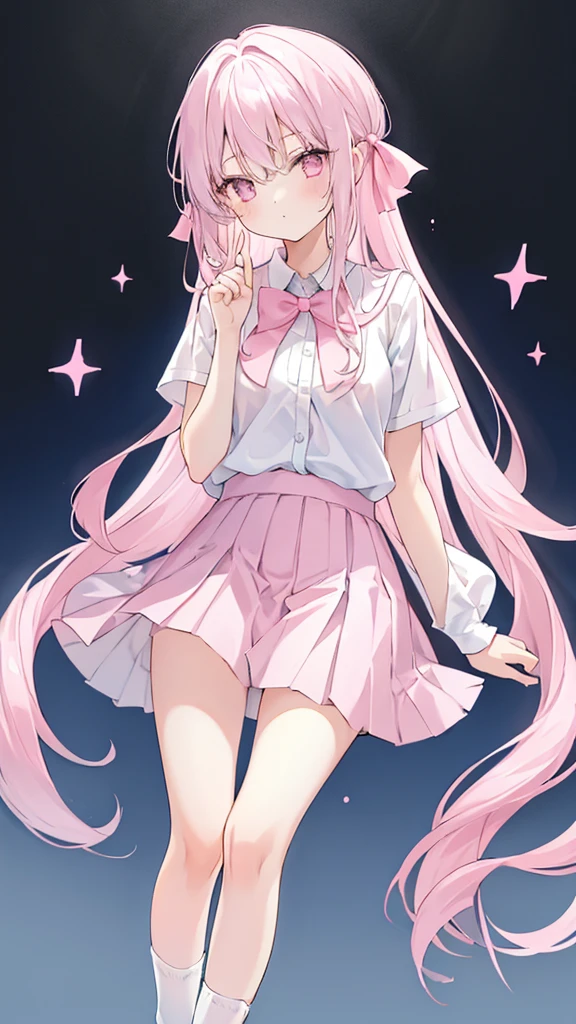 1 girl, pastel color, white long straight hair, straight bangs, wearing white pink seifukuu, wearing pink skirt, long white socks, cool pose, perfect lighting, pink ribbon on her hair.