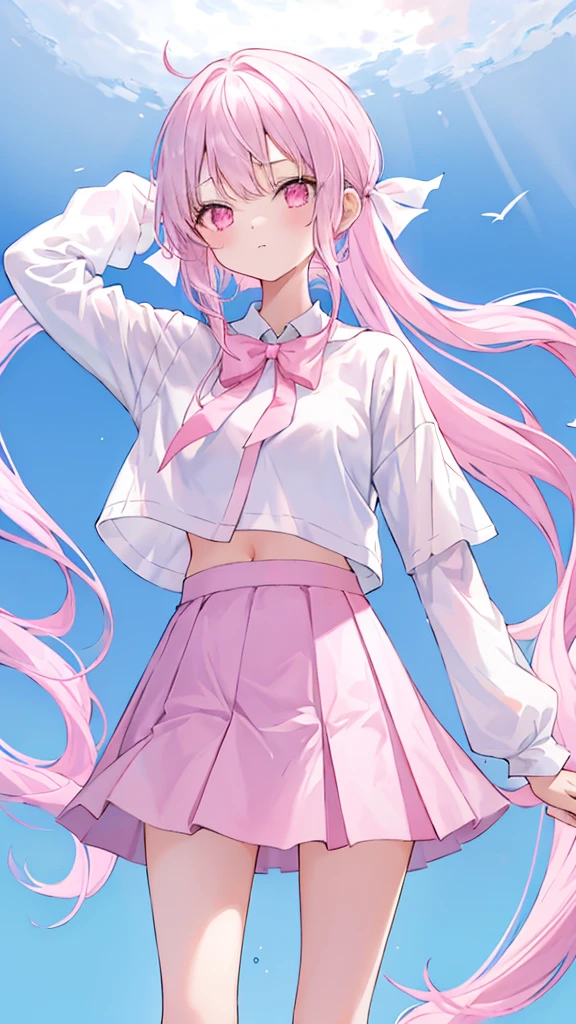 1 girl, pastel color, white long straight hair, straight bangs, wearing white pink seifukuu, wearing pink skirt, long white socks, cool pose, perfect lighting, pink ribbon on her hair.