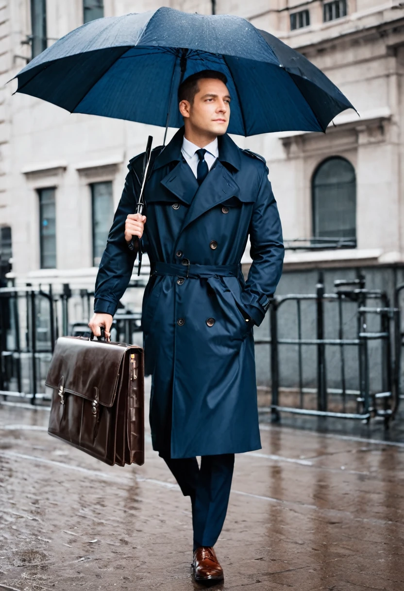 a man in a suit and tie holding an umbrella in the city, single person with umbrella, holding umbrella, walking to work with a briefcase, trench coat and suit, holding an umbrella, he is carrying a black briefcase, holding a umbrella, alamy stock photo, wearing a leather trench coat, stock photo, wearing a light blue suit