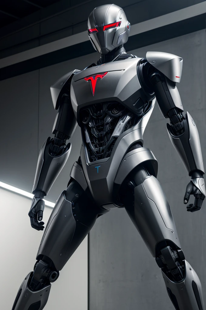 Design a visually appealing non-humanoid robot for Tesla's Optimus android, standing around 5 feet tall with a sleek, modular structure. The robot should have a smooth, rounded head with a digital display for expressions and feedback, a streamlined torso with a tapered waist, and flexible, jointed arms and legs for a wide range of motions. It should feature a combination of metallic silver and matte black with customizable accent colors like Tesla's signature red or electric blue. The design should include discreet sensors and cameras for 360-degree awareness, solar panels for energy efficiency, and a touch-screen interface on the torso. The overall aesthetic should evoke a futuristic, high-tech feel with clean lines and minimalistic features, ensuring it is distinctly non-human yet engaging and attractive, reflecting Tesla's innovative brand.