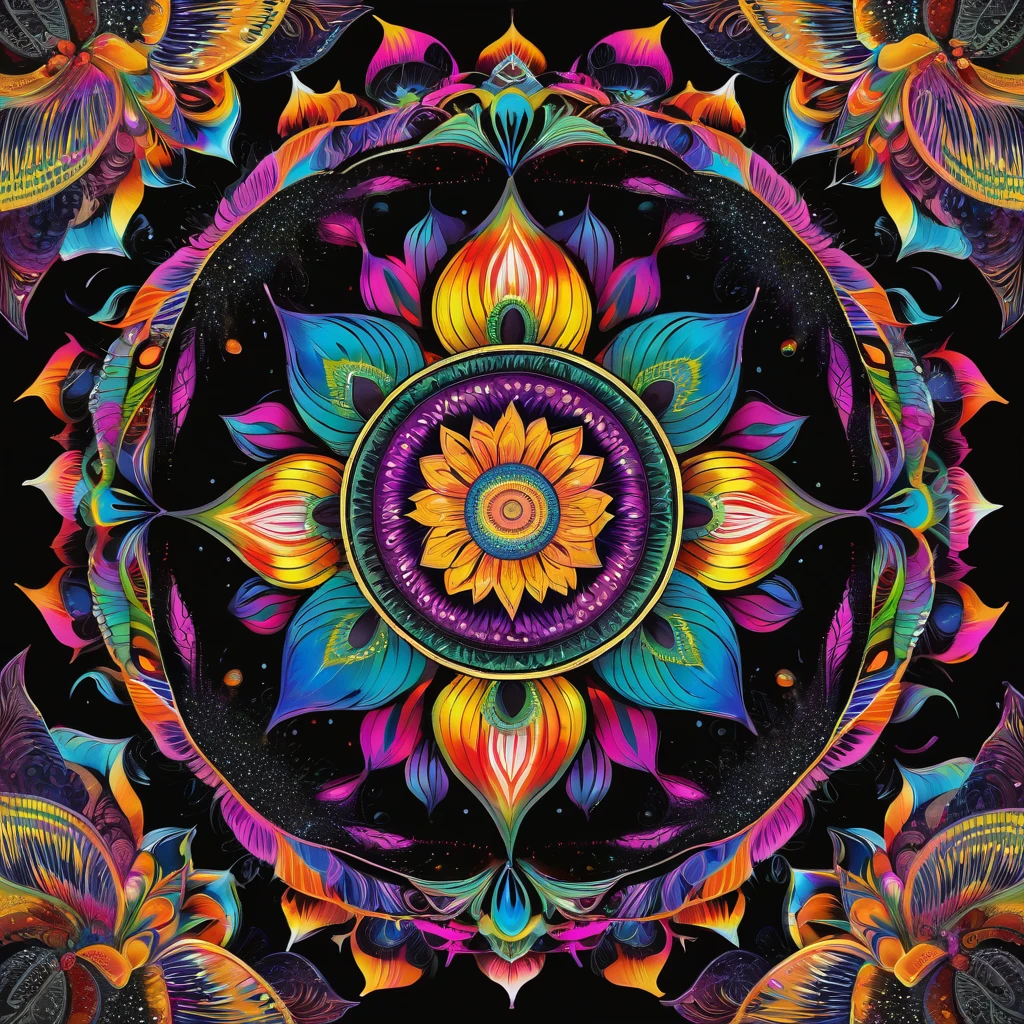 black background,A colorful and intricate masterpiece,Color mandala,Complex color杰作,The Complex Spectrum of Witchcraft,Complex color,illusion psychedelic art,Psychedelic Flower Planet,Complex psychedelic pattern,Chris Staining,art deco flower shaman,Super intricate,Psychedelic multicolor,Lotus Mandala,Psychedelic art style,Mandala art,Intricate design pop art