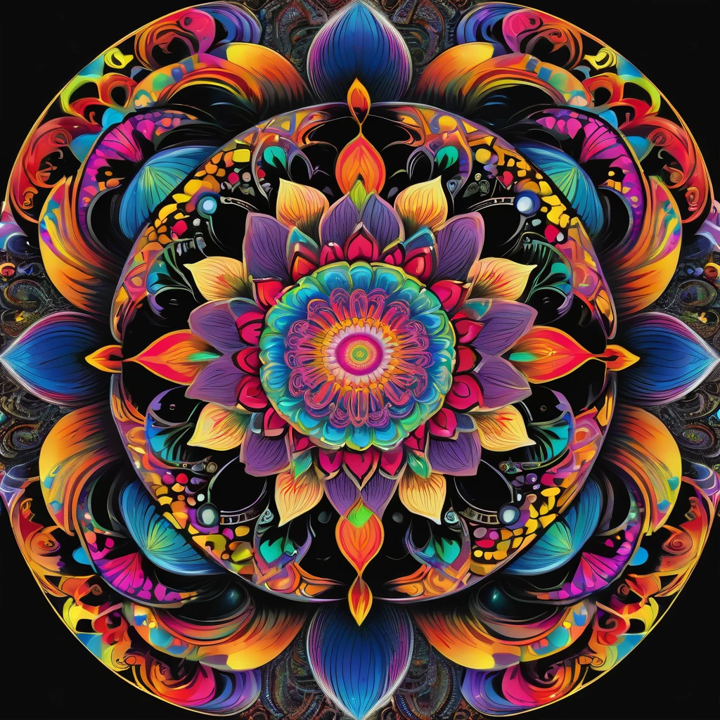 black background,A colorful and intricate masterpiece,Color mandala,Complex color杰作,The Complex Spectrum of Witchcraft,Complex color,illusion psychedelic art,Psychedelic Flower Planet,Complex psychedelic pattern,Chris Staining,art deco flower shaman,Super intricate,Psychedelic multicolor,Lotus Mandala,Psychedelic art style,Mandala art,Intricate design pop art