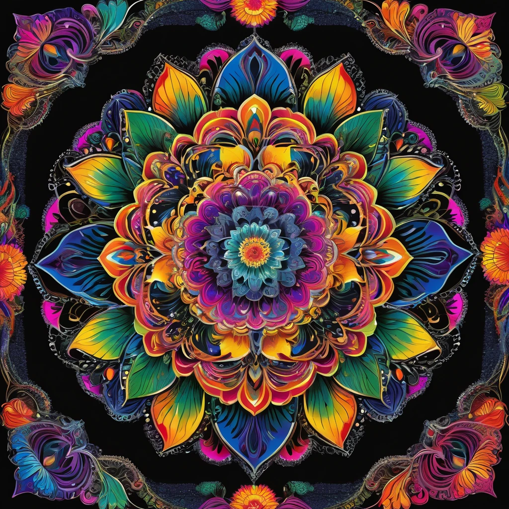 black background,A colorful and intricate masterpiece,Color mandala,Complex color杰作,The Complex Spectrum of Witchcraft,Complex color,illusion psychedelic art,Psychedelic Flower Planet,Complex psychedelic pattern,Chris Staining,art deco flower shaman,Super intricate,Psychedelic multicolor,Lotus Mandala,Psychedelic art style,Mandala art,Intricate design pop art
