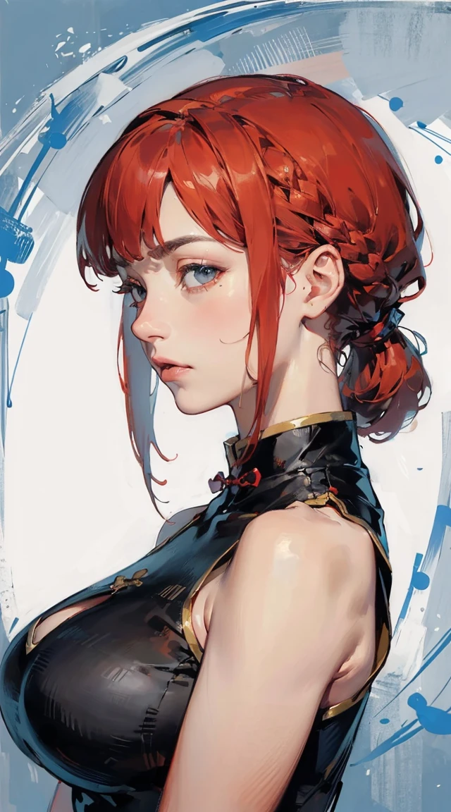 ((masterpiece)), high quality, very_high_resolution, large_filesize, full color, heavy outline, clear outline, colorful, (beautiful detailed eyes), (beautiful face:1.3), (boyish face:1.3), 1 girl, (femaleranma), (red hair), short hair, (braided ponytail), ((bangs)), bumpy bangs, blue-gray eyes, big breasts, curvy, black-wristbands, femaleranma, braided ponytail, chinese clothes, sleeveless, tangzhuang, black pants, cameltoe, standing, upper body, front view, smile