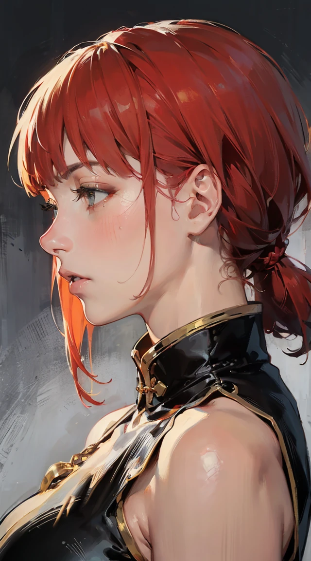 (mvvwdt:1.4):detail_slider_v4:1.25> (bubbles:0.5), ((masterpiece)), high quality, very_high_resolution, large_filesize, full color, heavy outline, clear outline, colorful, (beautiful detailed eyes), (beautiful face:1.3), (boyish face:1.3), 1 girl, (femaleranma), (red hair), short hair, (braided ponytail), ((bangs)), bumpy bangs, blue-gray eyes, big breasts, curvy, femaleranma, braided ponytail, (red chinese clothes), sleeveless, tangzhuang, black pants, cameltoe, standing, upper body, ((from side:1.4)), ((portrait:1.8)), ((face focus:1.4)),