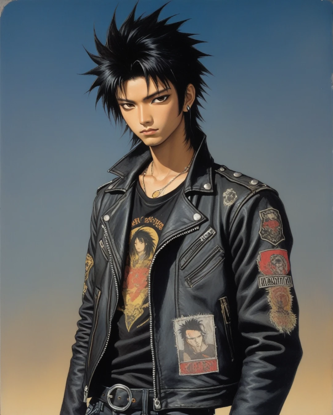 amano yoshitaka, one Male named Rashood,Tanned skin color,Messy haircut,Black hair,Brown eyes, i,wearing Black rock band t-shirt, faded black  jeans, and a spike leather jacket with heavy metal patches