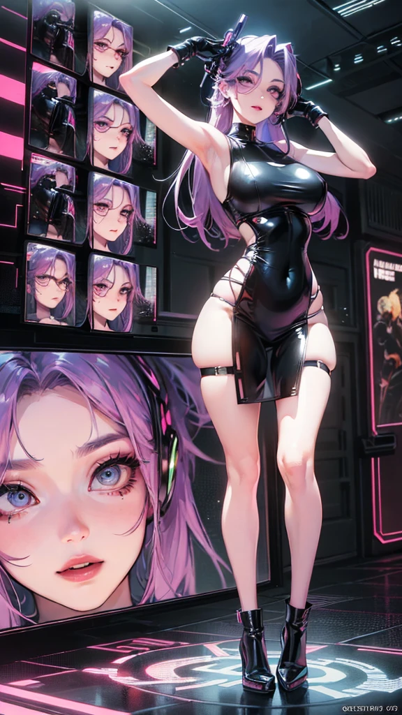 Jinx, fleshy thighs, instagram pose，headphone e mascara neon, natta e ceu estrelado, neon lights, dynamic angle, show armpits, ((latex dress)), niplles, Cup C, happy expression, (Full-body image:1.5), (8K, best qualityer, A high resolution:1.35), (CRU photo:1.2), (photorrealistic:1.37), (work of art: 1.25), dramatic lighting, Photon mapping, symetry, Complexity, elegance, (1 girl), large breasted, long eyelashes, Detailed lashes, eye shadows, glare eyes, ((Make-up natural, clear facial features)), ((curvy build, showing stomach)), ((Beautiful, detailed eyes: 1.2)), Bad girl, Erotic, ((cyber punk, urban landscape, natta))