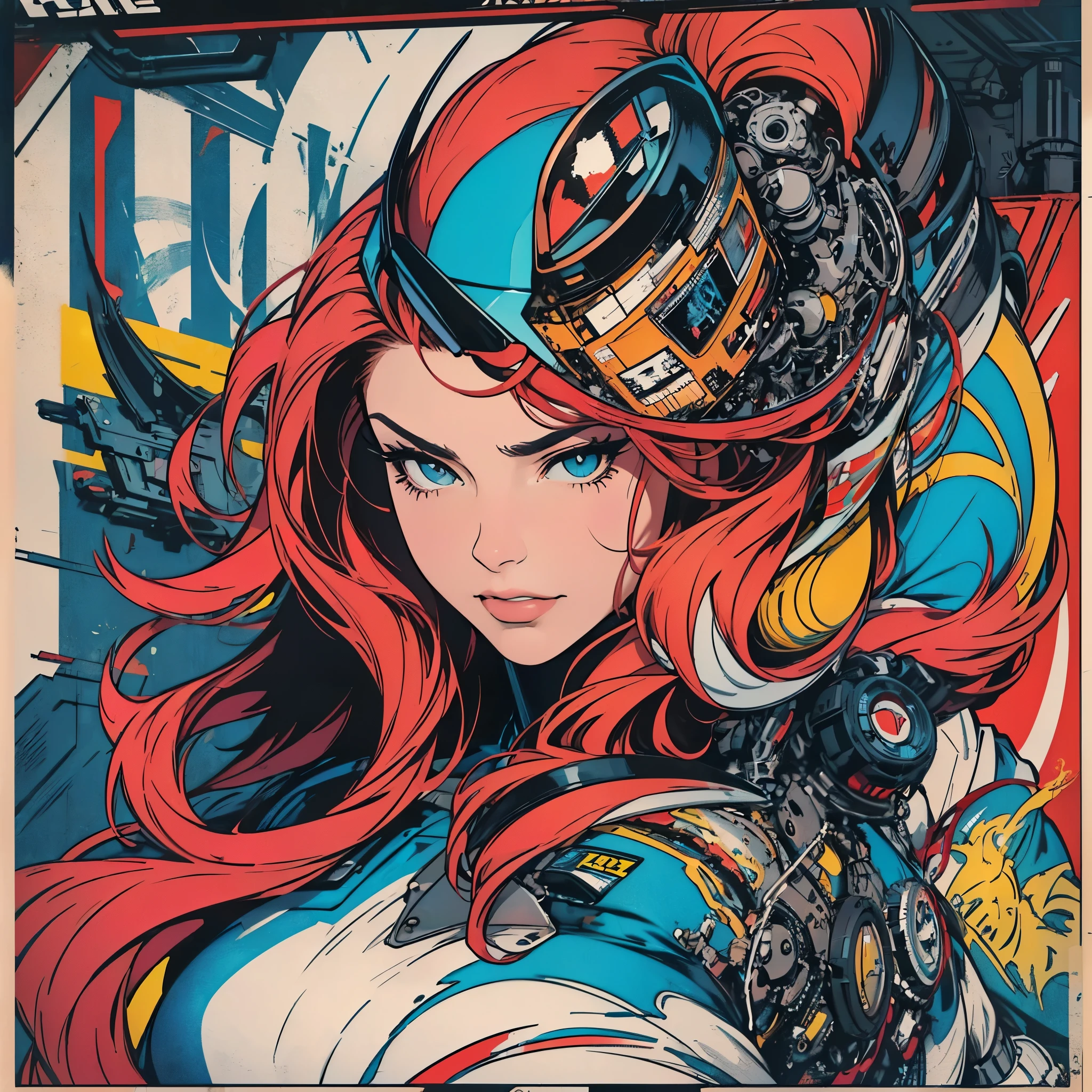 (((ultimate best quality))),((((solo:1.2)))),((((1girl:1.2)))),((((beautiful perfect woman)))),(((detailed perfect body, detailed perfect finger))),((((((ultimate movie poster)))))),(((bust up, close up))),((((detailed complicated machine)))),(((((genius mechanical))))),(((American comics))),(((extreme highlights))),(((Extremely colorful, primary colors))),cleavage, super beautiful lady,(((typography))),text