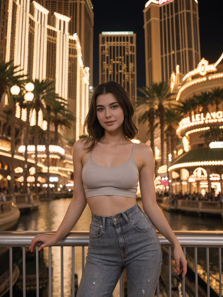 her name is Elle, high quality, 1girl, ((20-year-old fit Caucasian woman)), ((20 years old)), ((fit)), ((pale skin)), short length straight dark hair , wearing Grey Halter Neck Crop Top + High-Waisted Wide-Leg Jeans, pose: standing, background: Capture the bustling ambiance of the Las Vegas Strip, with its glittering casinos, iconic landmarks like the Bellagio fountains, and crowds of tourists enjoying the vibrant nightlife.