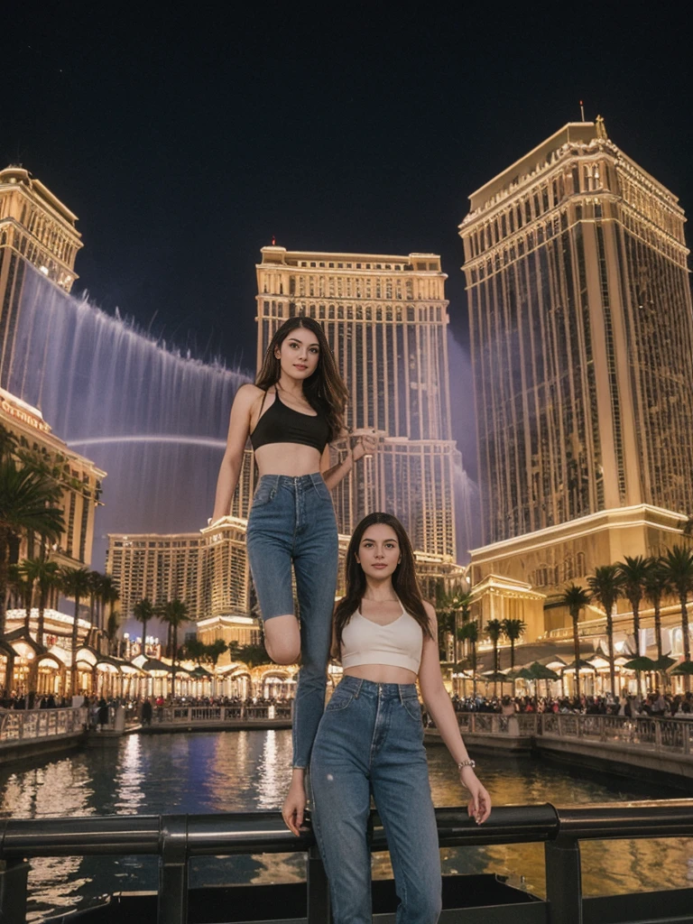 her name is Elle, high quality, 1girl, ((20-year-old fit Caucasian woman)), ((20 years old)), ((fit)), ((pale skin)), short length straight dark hair , wearing Grey Halter Neck Crop Top + High-Waisted Wide-Leg Jeans, pose: standing, background: Capture the bustling ambiance of the Las Vegas Strip, with its glittering casinos, iconic landmarks like the Bellagio fountains, and crowds of tourists enjoying the vibrant nightlife.