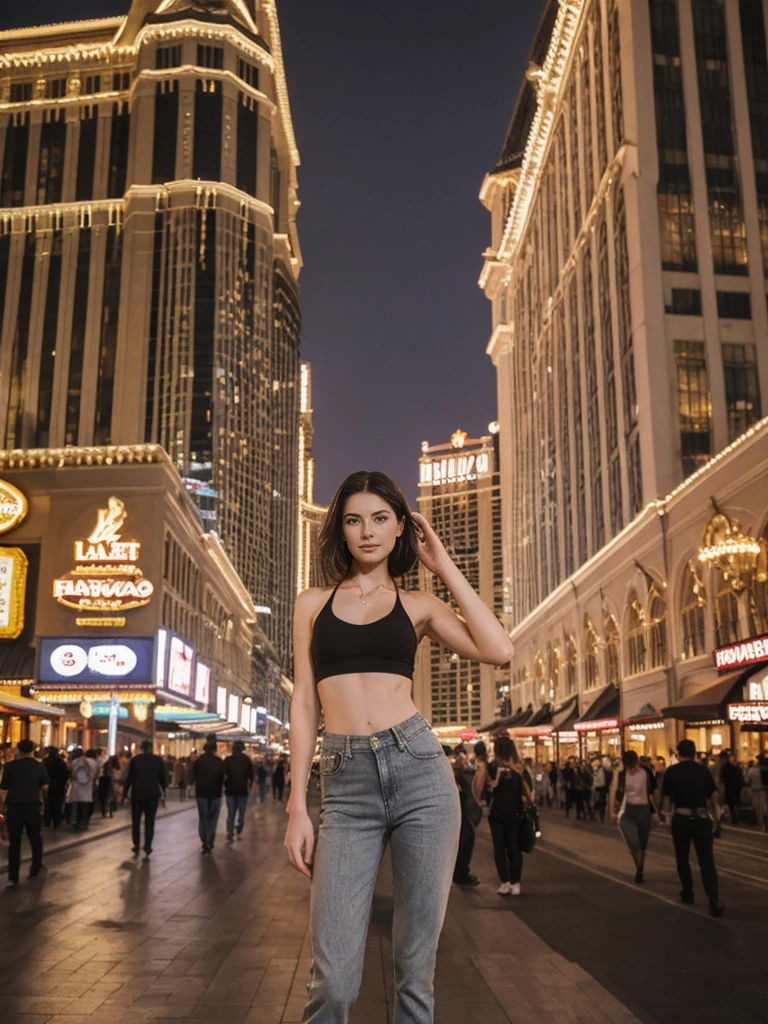 her name is Elle, high quality, 1girl, ((20-year-old fit Caucasian woman)), ((20 years old)), ((fit)), ((pale skin)), short length straight dark hair , wearing Grey Halter Neck Crop Top + High-Waisted Wide-Leg Jeans, pose: standing, background: Capture the bustling ambiance of the Las Vegas Strip, with its glittering casinos, iconic landmarks like the Bellagio fountains, and crowds of tourists enjoying the vibrant nightlife.