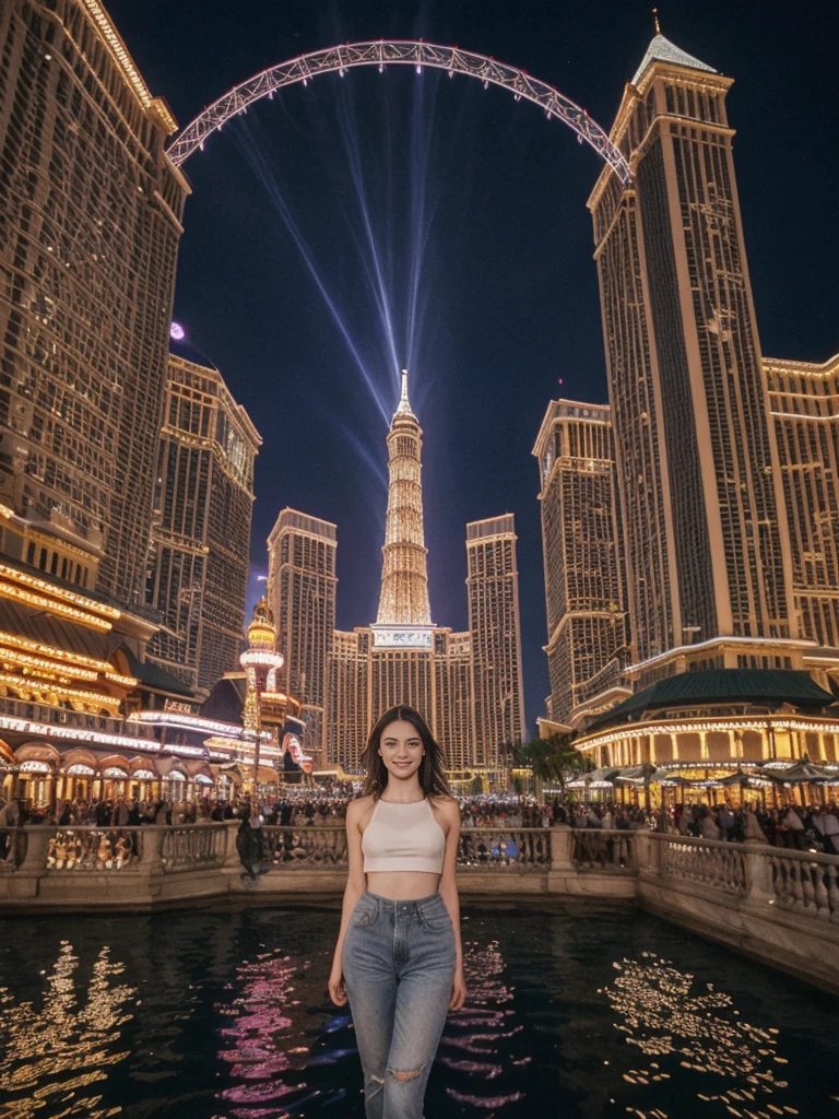 her name is Elle, high quality, 1girl, ((20-year-old fit Caucasian woman)), ((20 years old)), ((fit)), ((pale skin)), short length straight dark hair , wearing Grey Halter Neck Crop Top + High-Waisted Wide-Leg Jeans, pose: standing, background: Capture the bustling ambiance of the Las Vegas Strip, with its glittering casinos, iconic landmarks like the Bellagio fountains, and crowds of tourists enjoying the vibrant nightlife.