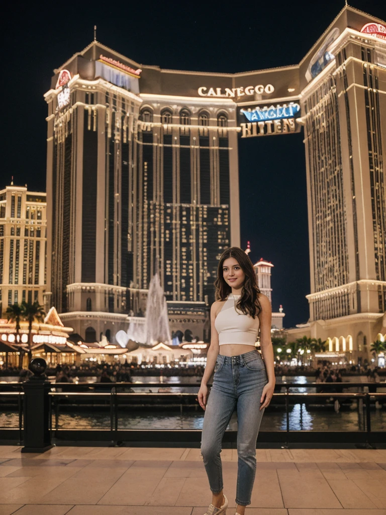 her name is Elle, high quality, 1girl, ((20-year-old fit Caucasian woman)), ((20 years old)), ((fit)), ((pale skin)), short length straight dark hair , wearing Grey Halter Neck Crop Top + High-Waisted Wide-Leg Jeans, pose: standing, background: Capture the bustling ambiance of the Las Vegas Strip, with its glittering casinos, iconic landmarks like the Bellagio fountains, and crowds of tourists enjoying the vibrant nightlife.