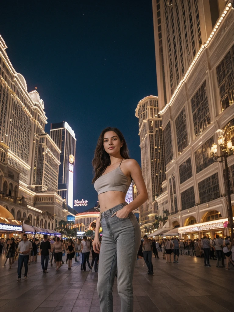 her name is Elle, high quality, 1girl, ((20-year-old fit Caucasian woman)), ((20 years old)), ((fit)), ((pale skin)), short length straight dark hair , wearing Grey Halter Neck Crop Top + High-Waisted Wide-Leg Jeans, pose: standing, background: Capture the bustling ambiance of the Las Vegas Strip, with its glittering casinos, iconic landmarks like the Bellagio fountains, and crowds of tourists enjoying the vibrant nightlife.