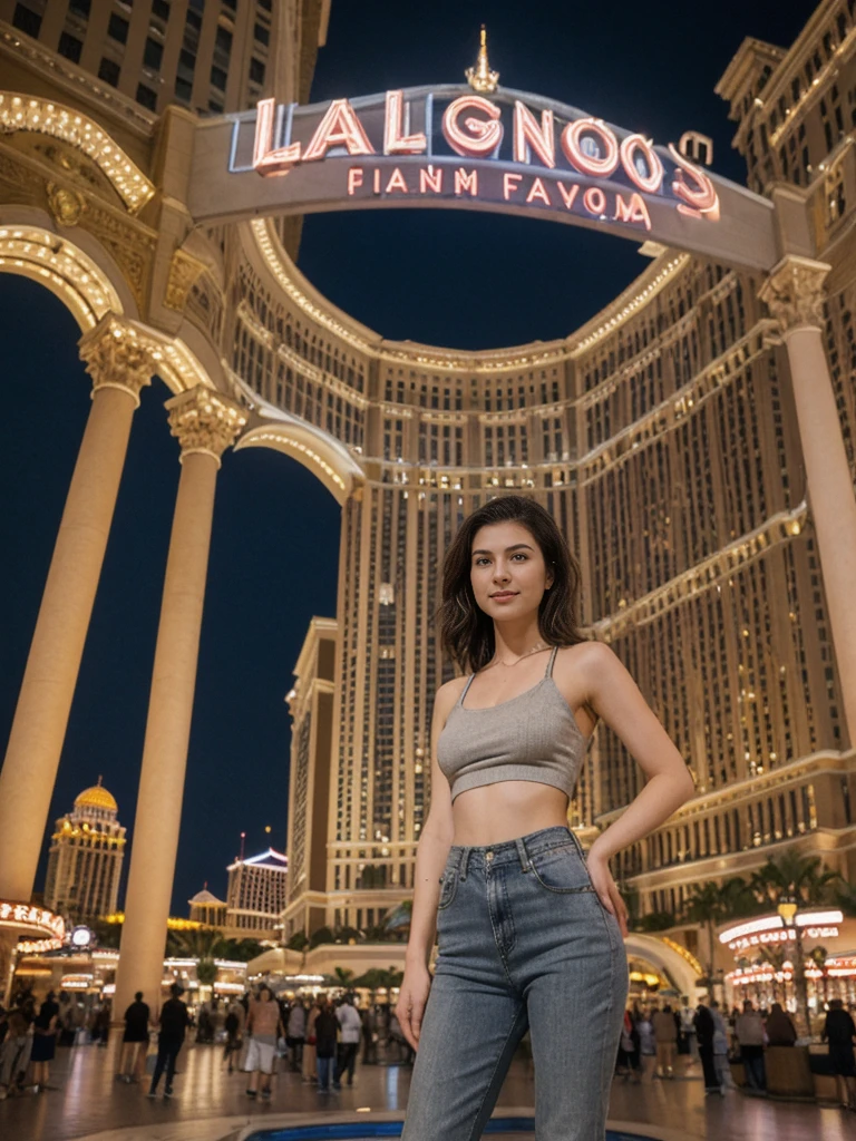 her name is Elle, high quality, 1girl, ((20-year-old fit Caucasian woman)), ((20 years old)), ((fit)), ((pale skin)), short length straight dark hair , wearing Grey Halter Neck Crop Top + High-Waisted Wide-Leg Jeans, pose: standing, background: Capture the bustling ambiance of the Las Vegas Strip, with its glittering casinos, iconic landmarks like the Bellagio fountains, and crowds of tourists enjoying the vibrant nightlife.