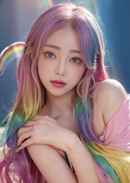 (Pink Fashion T-Shirt:1.9)、(colorfulな髪:1.8)、(All the colors of the rainbow:1.8)、((((Portrait:1.6)))、(Picturesque:1.6)、frontage、Big eyes、Clear eyes、(虹色のGradationハイポニーテール:1.7)、Exquisite makeup、Mouth closed、(Small Fresh:1.5)、(Wipe the chest:1.6)、Long eyelashes、Big watery eyes in white off-shoulder T-shirt、(Rainbow Hair:1.6)、An explosion of colors, Messy Lines, ((Shine)), (colorful), Chic paint style, (Splashes of color), Portrait, Browsing Caution、 Paint splashes, Acrylic Pigments, Gradation, Depth of written boundary, facepaint, colorfulな服, (elegant: 1.2), nice,Hair length, Wind, (elegant: 1.3), (petal:1.4)、(((masterpiece)))、(((Highest quality)))、((Ultra-detailed))、(Dynamic Angle)、((plankton))、(paint)、((Disheveled Hair))、(solo)、((Beautifully detailed face))、first round、Exposing shoulders、Gray Hair、((colorfulな髪))、(((Striped Hair))、Beautiful and fine details、(Gradationカラーの目)、((Clatter toes))、(colorfulな背景))))、((((High saturation))))、(((colorfulな水しぶきに囲まれた)))