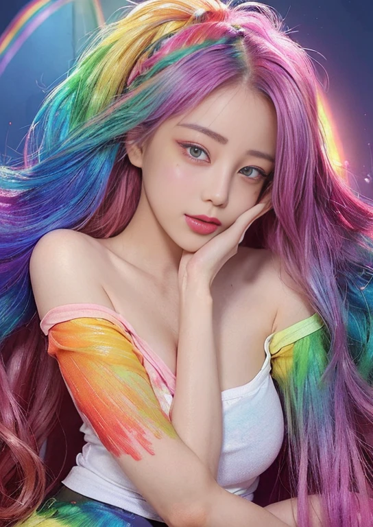 (Pink Fashion T-Shirt:1.9)、(colorfulな髪:1.8)、(All the colors of the rainbow:1.8)、((((Portrait:1.6)))、(Picturesque:1.6)、frontage、Big eyes、Clear eyes、(虹色のGradationハイポニーテール:1.7)、Exquisite makeup、Mouth closed、(Small Fresh:1.5)、(Wipe the chest:1.6)、Long eyelashes、Big watery eyes in white off-shoulder T-shirt、(Rainbow Hair:1.6)、An explosion of colors, Messy Lines, ((Shine)), (colorful), Chic paint style, (Splashes of color), Portrait, Browsing Caution、 Paint splashes, Acrylic Pigments, Gradation, Depth of written boundary, facepaint, colorfulな服, (elegant: 1.2), nice,Hair length, Wind, (elegant: 1.3), (petal:1.4)、(((masterpiece)))、(((Highest quality)))、((Ultra-detailed))、(Dynamic Angle)、((plankton))、(paint)、((Disheveled Hair))、(solo)、((Beautifully detailed face))、first round、Exposing shoulders、Gray Hair、((colorfulな髪))、(((Striped Hair))、Beautiful and fine details、(Gradationカラーの目)、((Clatter toes))、(colorfulな背景))))、((((High saturation))))、(((colorfulな水しぶきに囲まれた)))
