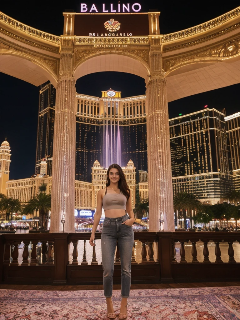 her name is Elle, high quality, 1girl, ((20-year-old fit Caucasian woman)), ((20 years old)), ((fit)), ((pale skin)), short length straight dark hair , wearing Grey Halter Neck Crop Top + High-Waisted Wide-Leg Jeans, pose: standing, background: Capture the bustling ambiance of the Las Vegas Strip, with its glittering casinos, iconic landmarks like the Bellagio fountains, and crowds of tourists enjoying the vibrant nightlife.