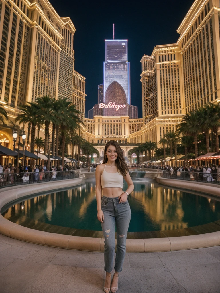 her name is Elle, high quality, 1girl, ((20-year-old fit Caucasian woman)), ((20 years old)), ((fit)), ((pale skin)), short length straight dark hair , wearing Grey Halter Neck Crop Top + High-Waisted Wide-Leg Jeans, pose: standing, background: Capture the bustling ambiance of the Las Vegas Strip, with its glittering casinos, iconic landmarks like the Bellagio fountains, and crowds of tourists enjoying the vibrant nightlife.