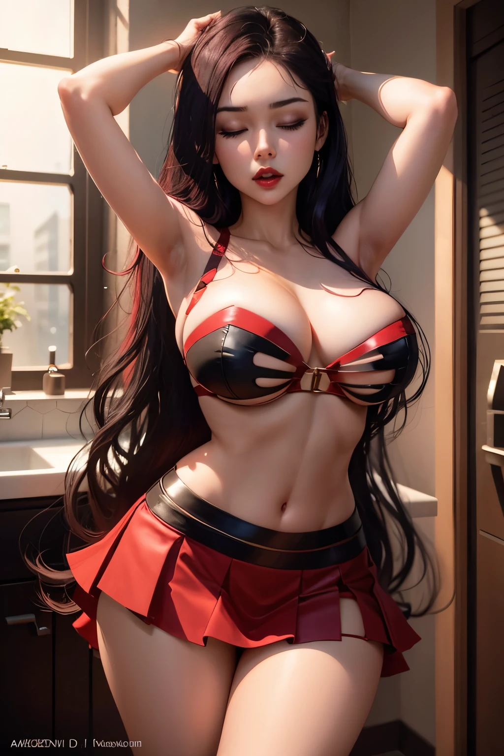 Erza Scarllet, red lips, black skirt, closed eyes, orgasm eyes