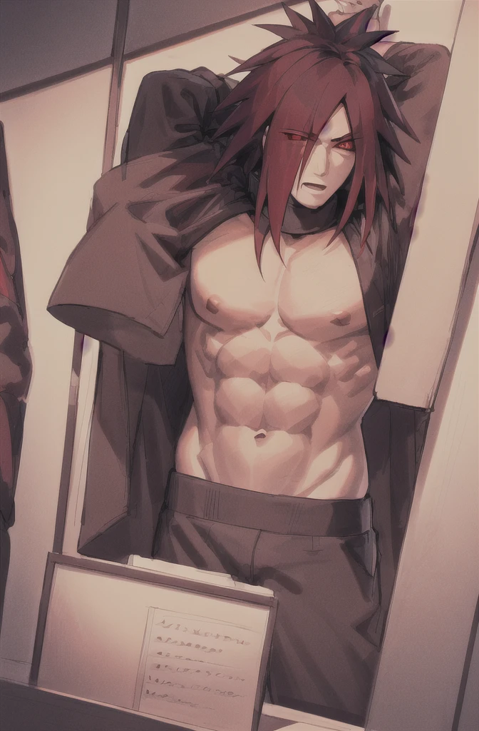 Madara Uchiha, 1 chico,the leader, Anime Naruto, muscled body,without clothes, only boxers with the member lasted no longer, long spiky black hair, bottom of room,Red eyes, high resolution, looking away, male focus, muscle