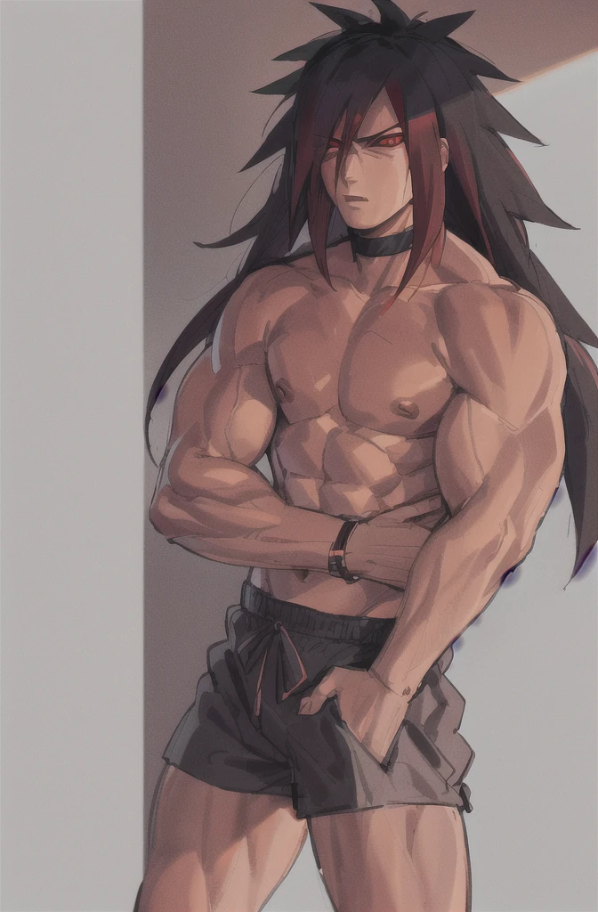 Madara Uchiha, 1 chico,the leader, Anime Naruto, muscled body,without clothes, only boxers with the member lasted no longer, long spiky black hair, bottom of room,Red eyes, high resolution, looking away, male focus, muscle