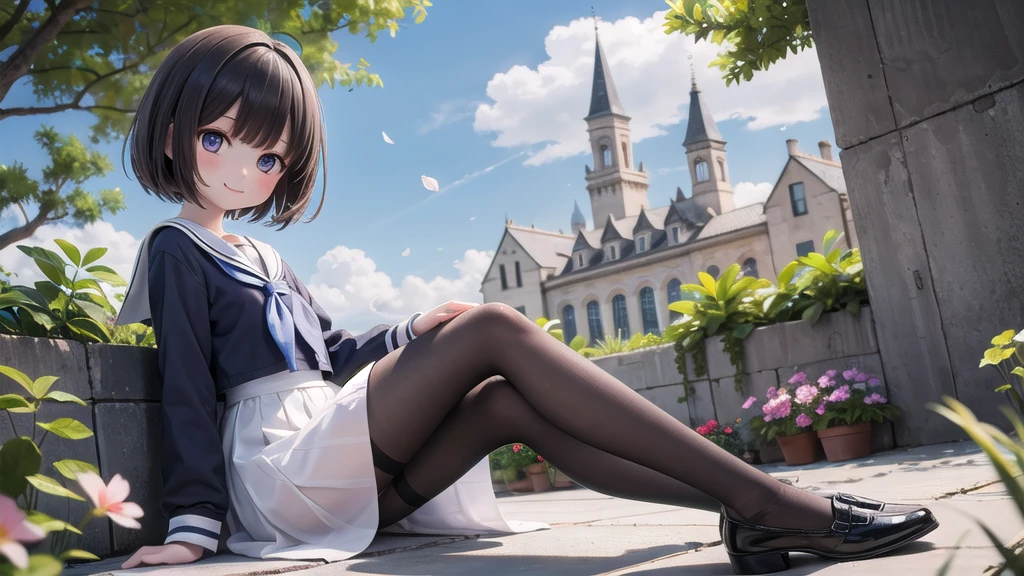 (masterpiece),  town,  blue sky,  One Girl,  smile,  alone,  Sailor suit、Long skirt,  Overgrown,  petal,  plant、Skirt lining、Translucent slip、nostalgic、Black Pantyhose