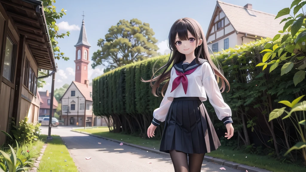 (masterpiece), town, blue sky, One Girl, smile, alone, Sailor suit、Long skirt, Overgrown, petal, plant、Skirt lining、Translucent slip、nostalgic、Black Pantyhose