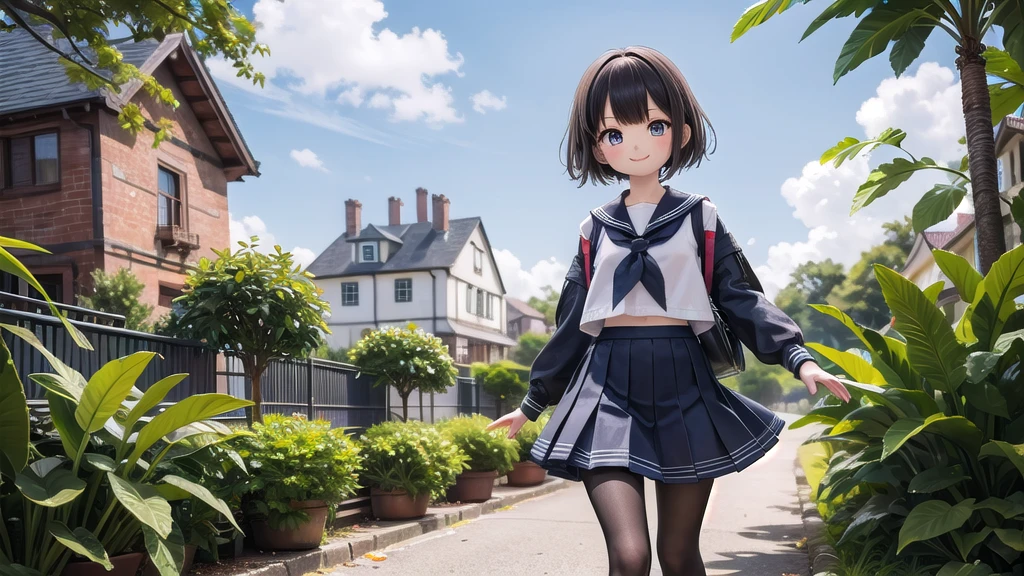 (masterpiece),  town,  blue sky,  One Girl,  smile,  alone,  Sailor suit、Long skirt,  Overgrown,  petal,  plant、Skirt lining、Translucent slip、nostalgic、Black Pantyhose