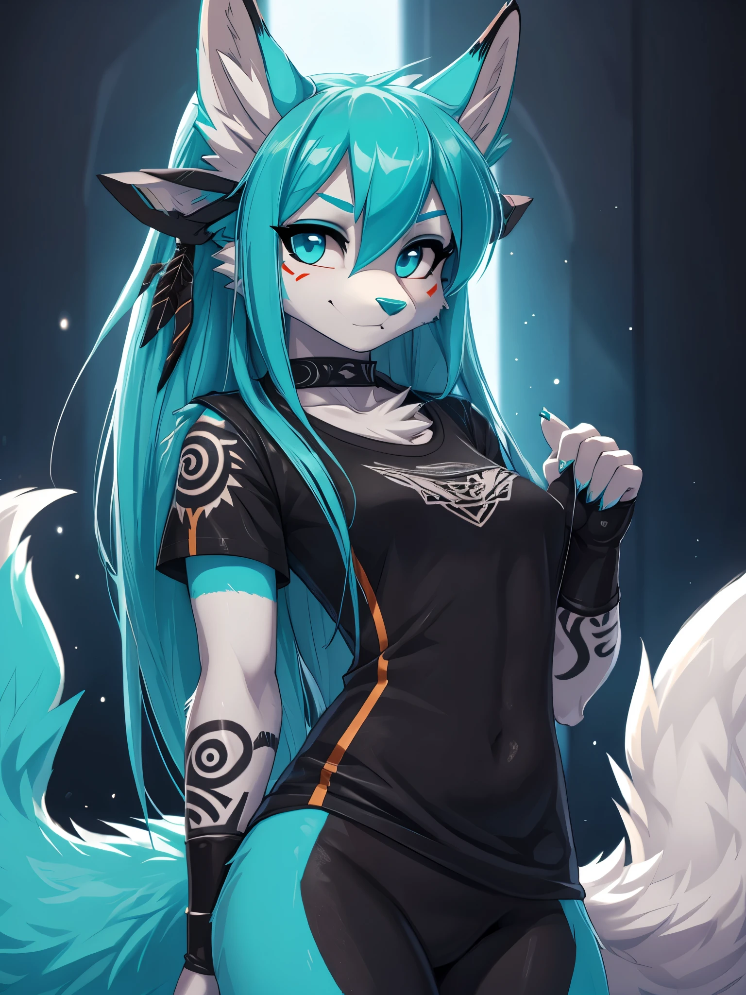 Miku Hatsune, high definition add_detail:1, blue fur,kitsune ears, tribal tattoo add_detail:1 cute high school clothes, pretty girl add_detail:3 18 year old girl, short black lycra, black metal t shirt, flirty look add_detail:3