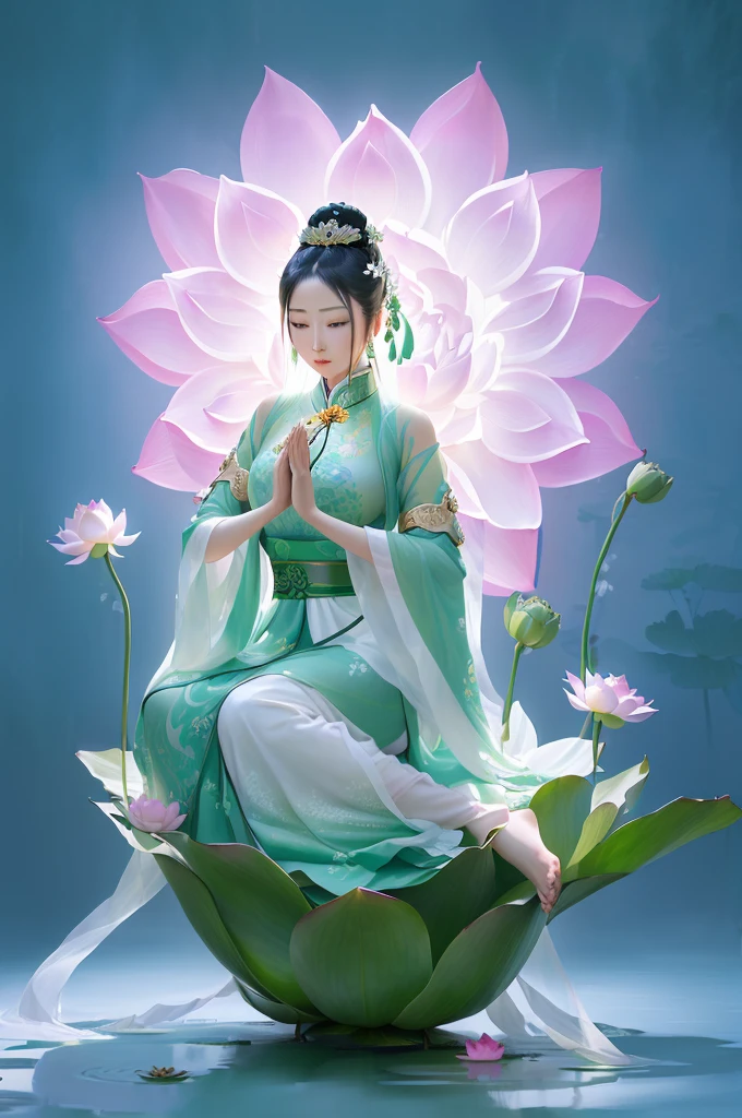 arafed woman in a green dress sitting on a lotus flower, standing gracefully upon a lotus, sitting on a lotus flower, pink lotus queen, guanyin, a beautiful fantasy empress, palace , a girl in hanfu, inspired by Lan Ying, inspired by Qiu Ying, guanyin of the southern seas, ancient chinese goddess, ancient chinese beauties