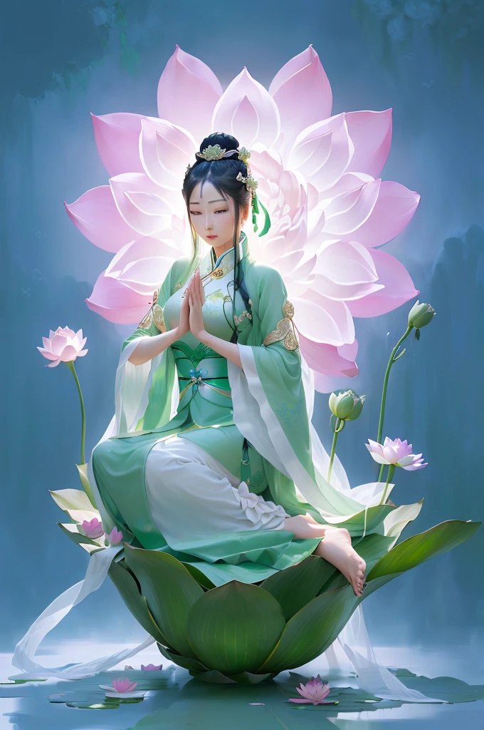 arafed woman in a green dress sitting on a lotus flower, standing gracefully upon a lotus, sitting on a lotus flower, pink lotus queen, guanyin, a beautiful fantasy empress, palace , a girl in hanfu, inspired by Lan Ying, inspired by Qiu Ying, guanyin of the southern seas, ancient chinese goddess, ancient chinese beauties