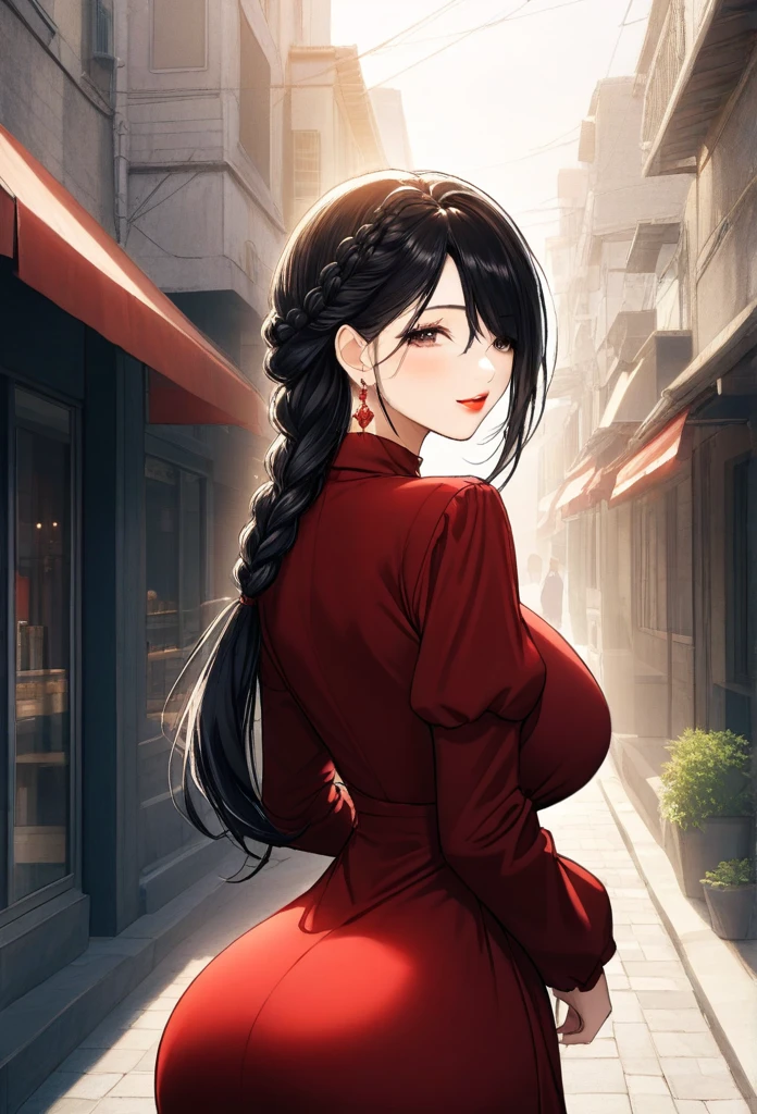 Masterpiece, ((ultra detailed background, delicate pattern, intricate details)), (Highly detailed, Fine details), The best quality, 1girl, ,beautiful lighting, absurdities, RAW photo, Film grain, ((medium breasts, thin girl)), 1girl, May May, only, long hair, braid, dress, hair over one eye, They are smiling, long sleeves, flequillo braiddo, dress negro, cola de caballo braidda, cana, puffy sleeves, tenure, dress de cuello alto, make-up, cana, Red lips, one eye covered, lipstick, parted lips, single braid, (Complex detailed background, outside, urban environment, cowboy shot, from the rear),big breasts,long earrings