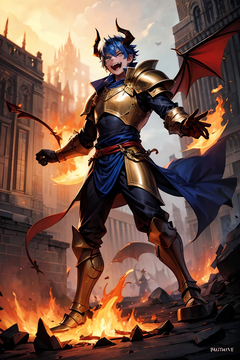 Demon race man, reddish skin, gold eyes, cat eyes, white horns, teeth and fangs. Fire behind him, ((His skin tone is blue)) SHOW HIS HANDS! full body, medieval armor 