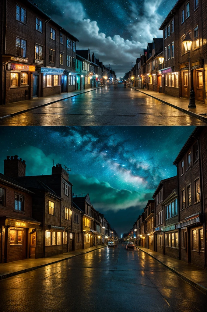 Town street scene , ultra detailed fantasy, magical world,galaxy design sky, old medical houses in the street,wizards roaming on the street ,  realistic, behance hd, light spread from the house, night time , master piece 