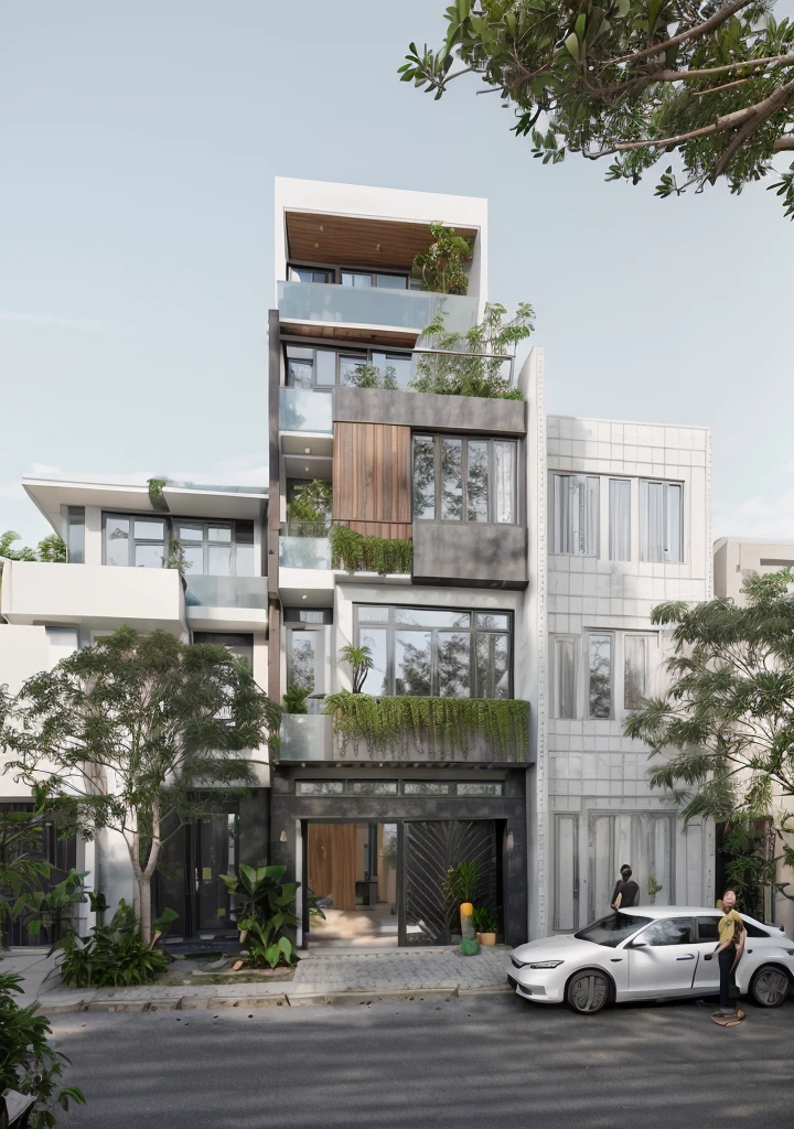 Townhouse in city, (sharp focus) front view of townhouse in style of modern, Vietnamese architecture, east asian architecture, town. Mutual colours, soft lighting, blue sky, daylight, warm light, warm atmosphere, high Resolution, 8k, hdr. vray render, hyper realistic, ultra detail, hyper detailed, exterior design professional photography, exterior photography, wide-angle shot. real world location, road sign, cityscape, pavement. (brown wooden ceilings, ceiling light, glass bancony, the front wall of the ground floor is made by black granite). bancony have many tree, plan, ivy, palm. white wall is mainstream, white wall mix with gray tiles, wooden wall.