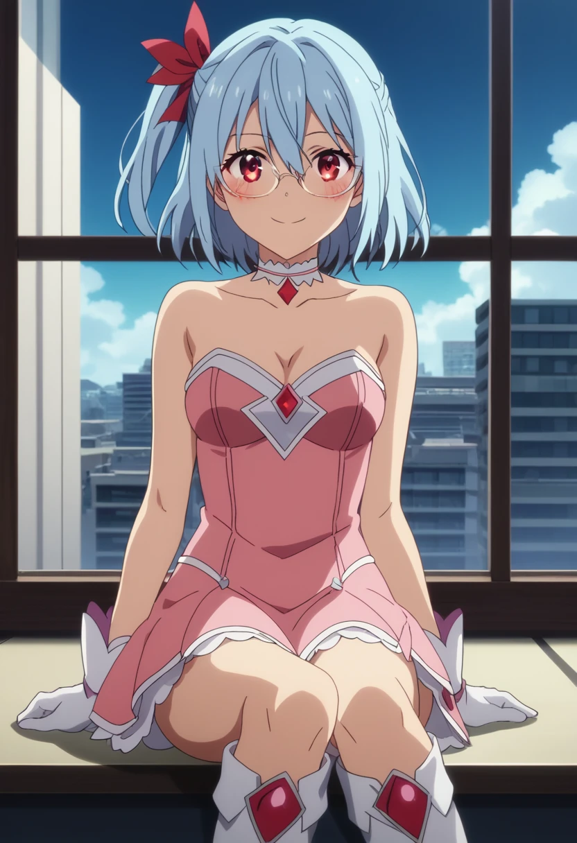 score_9, score_8_up, score_7_up, score_6_up, source anime BREAK, anime screencap, dynamic shadows, atmosferic, 1girl, solo, (red eyes:1.5), detailed eyes, light blue hair, medium hair, one side up , bangs, hair between eyes, hair ribbons, pink dress, magical girl dress, strapless, choker, white gloves, glasses, white boots, thighs, medium breasts, blush, smile, sexy, collarbone, cleavage, ((cowboy shot)), ((from front)), window, city, sky, clouds, night, (w-sitting), (looking at viewer:1.0)