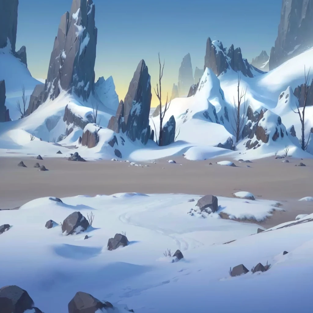 Snowy landscape with rocks and trees in the middle of the desert, Frozen tundra background, 岩石environment, snow wasteland, Snowfield, 雪景environment, 2D Game Art Background, background technologywork, odin's stone Arena Background, Snow background, Random background scenes, background technology, 2D Game Background, Arena Background, Mobile game background, environment, Cool background