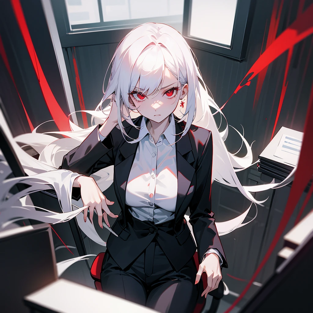 Black blazer, white buttoned blouse, black pants. A dimly lit office. Serious expression sitting in an office chair. White hair, red eyes and pale skin. Red eyes and pale skin. Beautiful illustration, anime style.