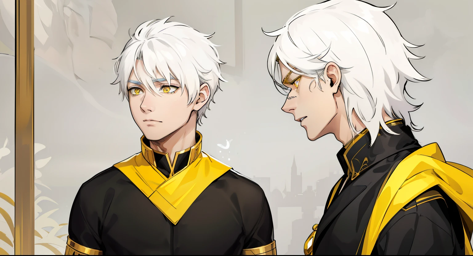 two demigods with white hair, yellow eyes, suits, black tunics with yellow and golden jewelry, they are talking, they are surprised because someone has arrived and seen them, they are a little scared.