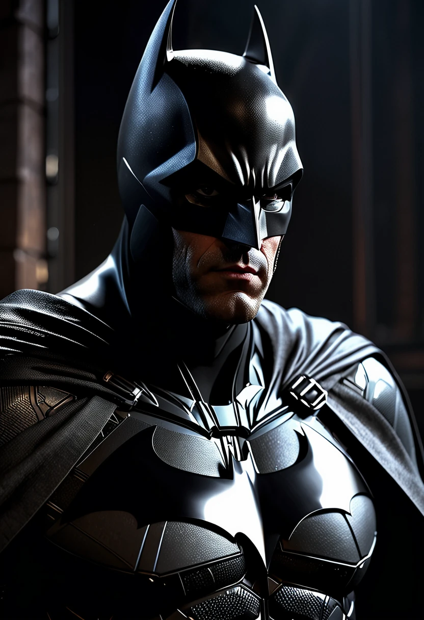 a detailed portrait of batman, a dark and brooding superhero, hyperrealistic, dramatic lighting, chiaroscuro, dramatic pose, dark knight, highly detailed, 4k, octane render, unreal engine, cinematic, moody, deep shadows, intense colors, muscular body, cowl, cape, utility belt, realistic textures, photorealistic, masterpiece