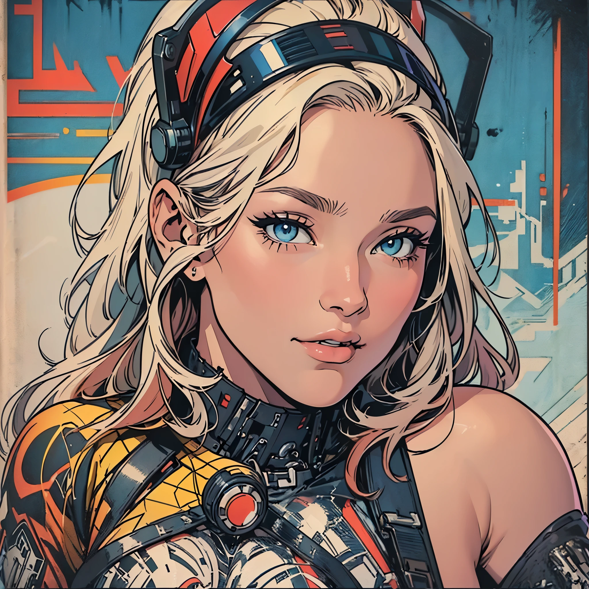 (((ultimate best quality))),((((solo:1.2)))),((((1girl:1.2)))),((((beautiful perfect woman)))),(((detailed perfect body, detailed perfect finger))),((((((ultimate movie poster)))))),(((bust up, close up))),((((detailed complicated machine)))),(((((genius mechanical))))),(((American comics))),(((extreme highlights))),(((Extremely colorful, primary colors))),cleavage, super beautiful lady,(((typography))),text