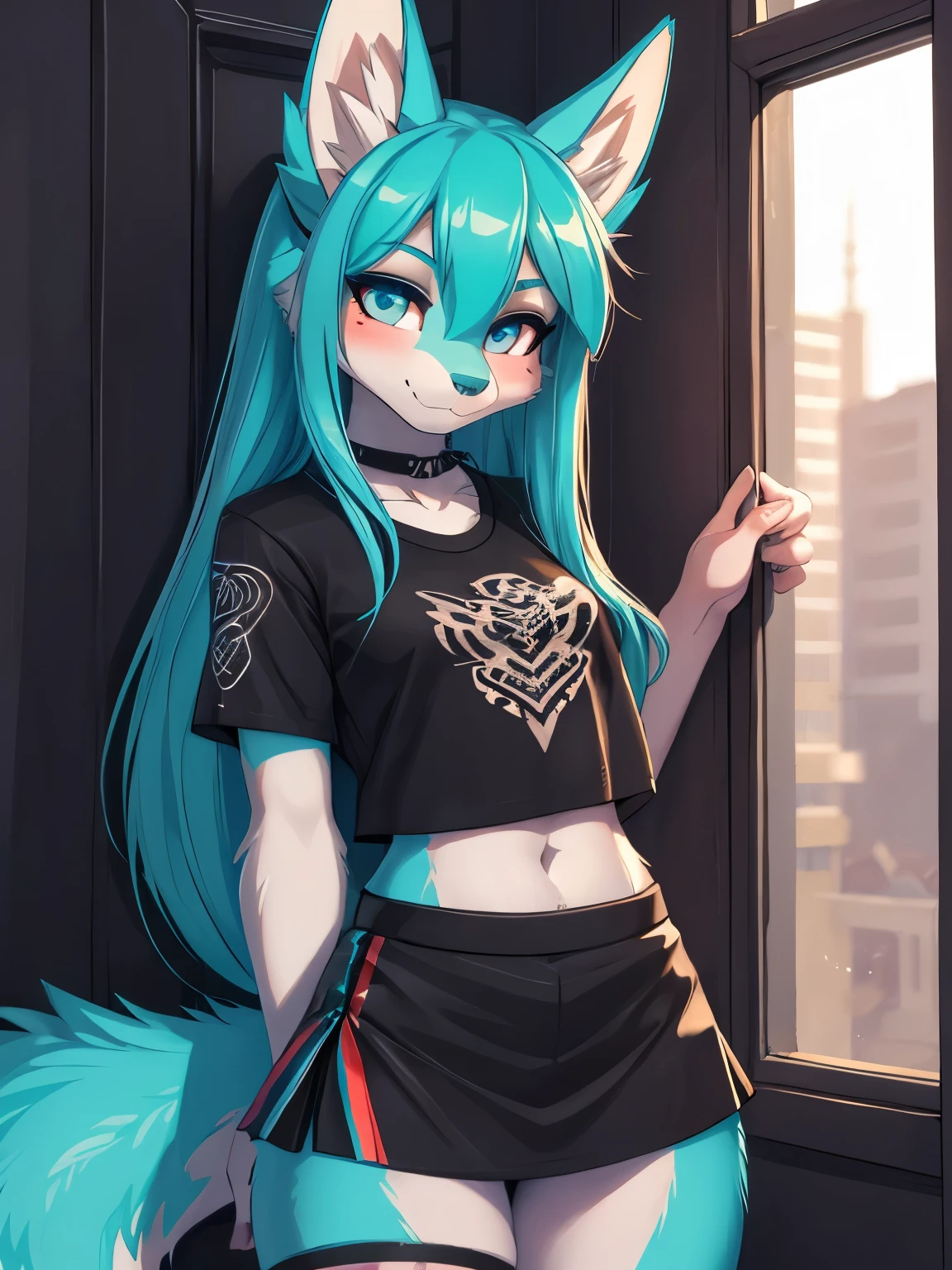 Miku Hatsune, high definition add_detail:1, blue fur,kitsune ears, tribal tattoo add_detail:1 cute high school clothes, Pretty girl, 18 year old girl, short black lycra, black metal t shirt, flirty look add_detail:3