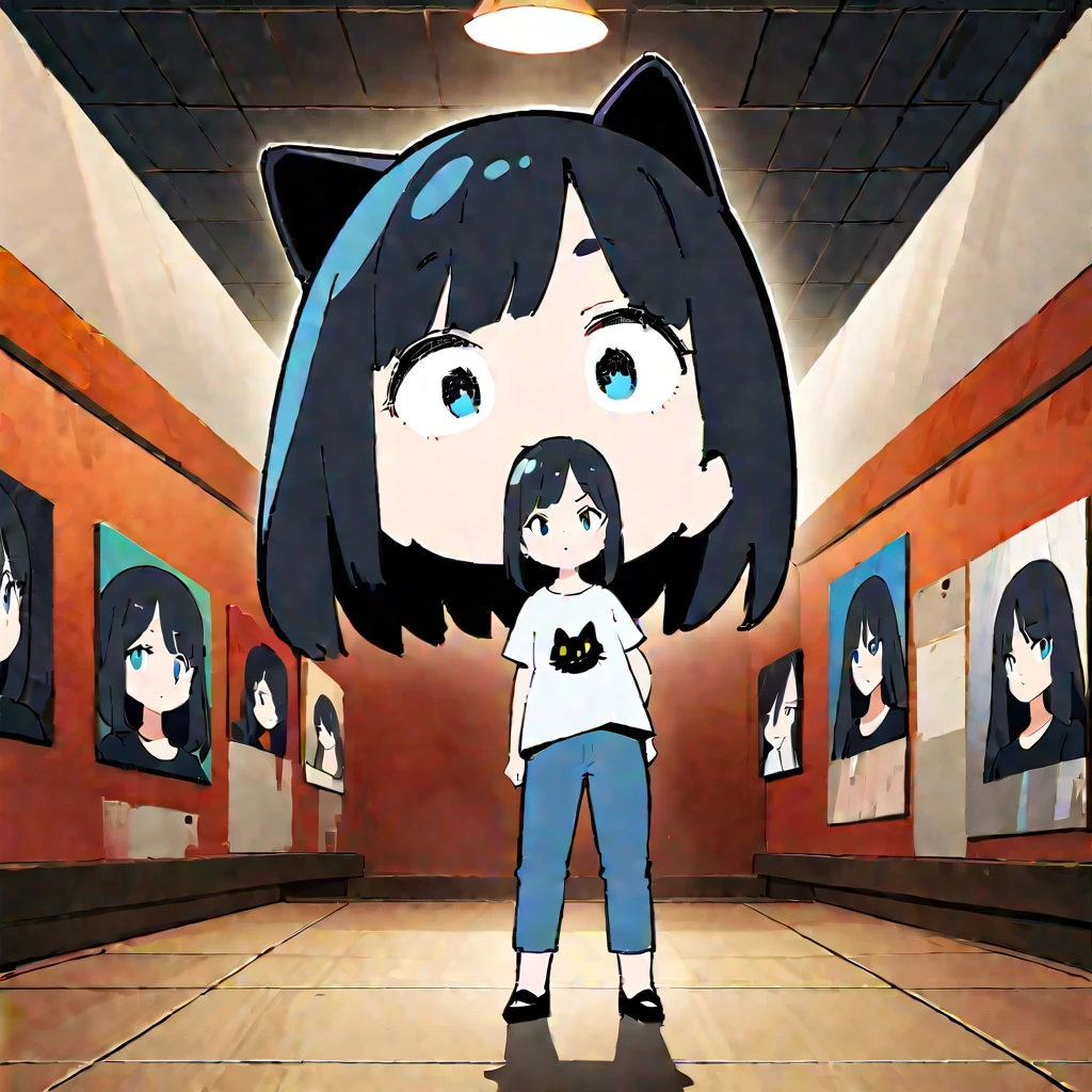 (((Dynamic full body poses)))(Thick painting style),Bold line, ((masterpiece,)),(((Highest quality))),(((large room))),((A girl in her twenties with her mouth slightly open,The whole body is visible)),Short black hair,Black cat ears,T-Shirts,jeans,(((Character Portrait,Full Art))),Messy