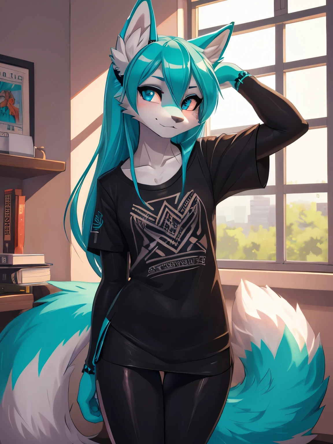 Miku Hatsune, high definition add_detail:1, blue fur,kitsune ears, tribal tattoo add_detail:1 cute high school clothes, Pretty girl, 18 year old girl, short black lycra, black metal t shirt, flirty look add_detail:3