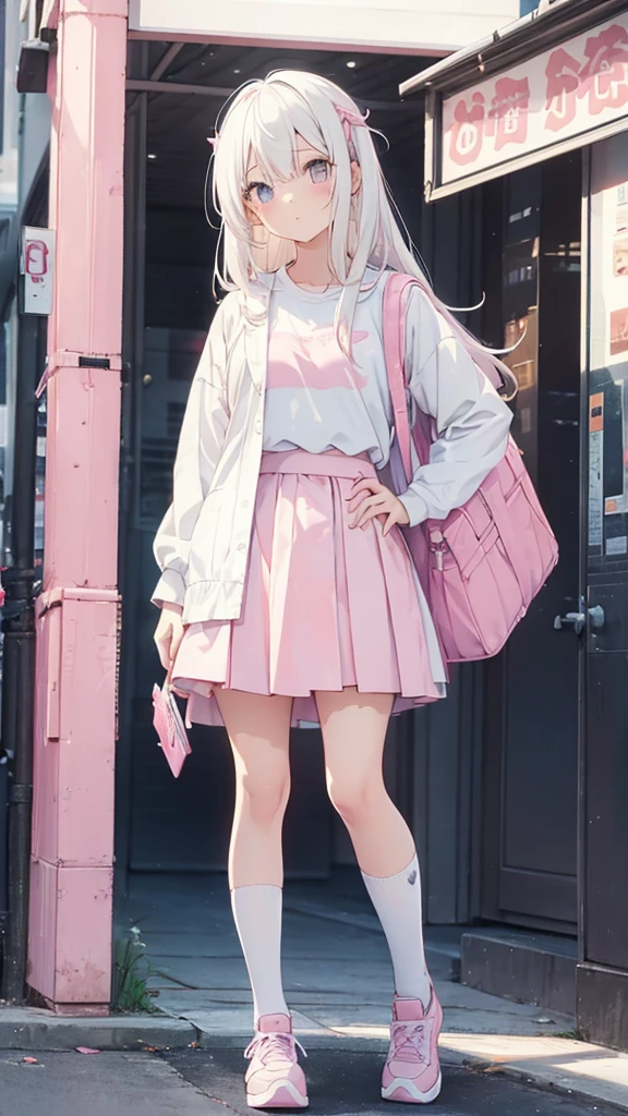 1 girl, pastel color, white straight hair, wearing white pink seifukuu, wearing pink skirt, long white socks, cool pose, perfect lighting.
