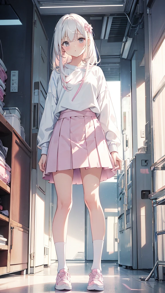 1 girl, pastel color, white straight hair, wearing white pink seifukuu, wearing pink skirt, long white socks, cool pose, perfect lighting.
