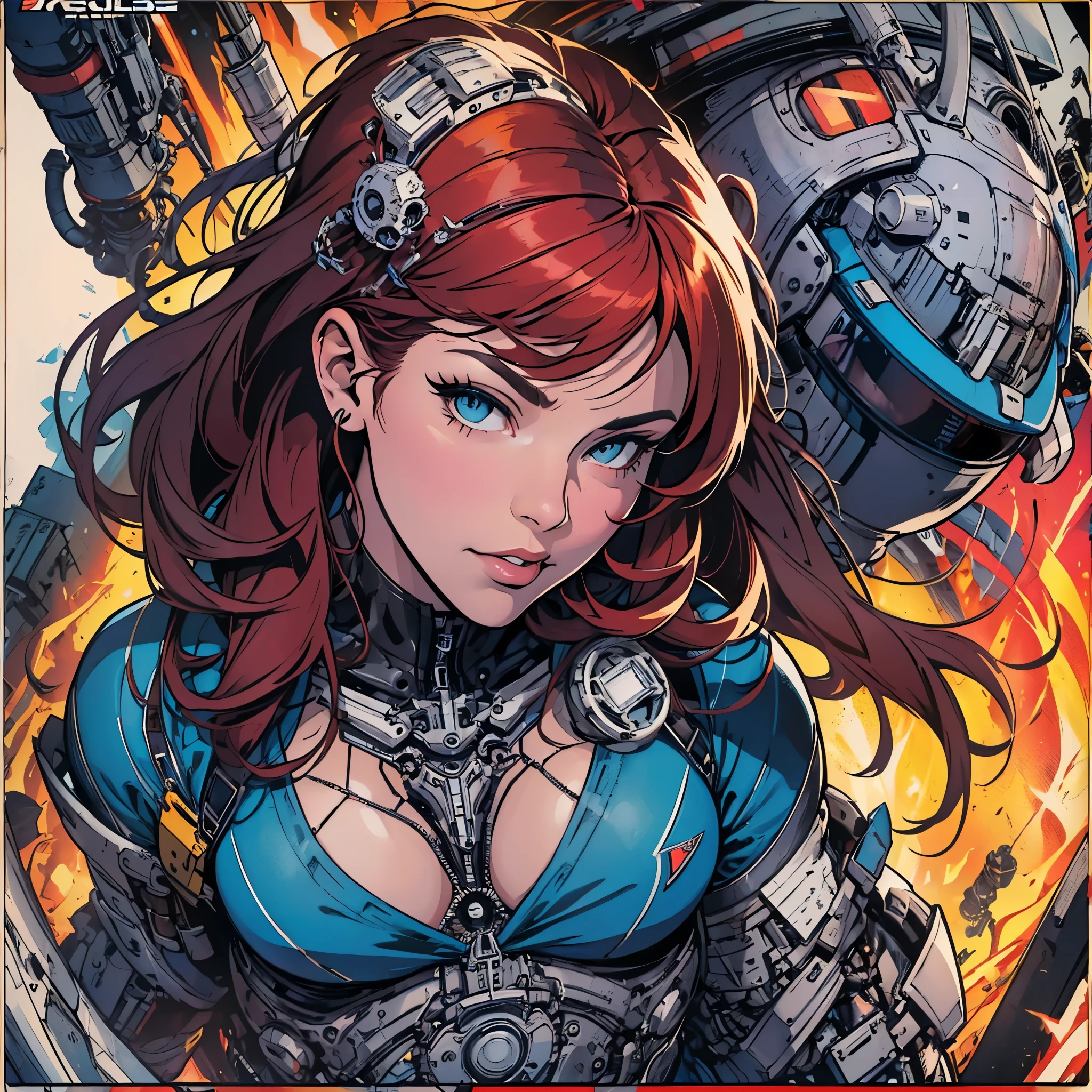 (((ultimate best quality))),((((solo:1.2)))),((((1girl:1.2)))),((((beautiful perfect woman)))),(((detailed perfect body, detailed perfect finger))),((((((ultimate movie poster)))))),(((bust up, close up))),((((detailed complicated machine)))),(((((genius mechanical))))),(((American comics))),(((extreme highlights))),(((Extremely colorful, primary colors))),cleavage, super beautiful lady,(((typography))),text