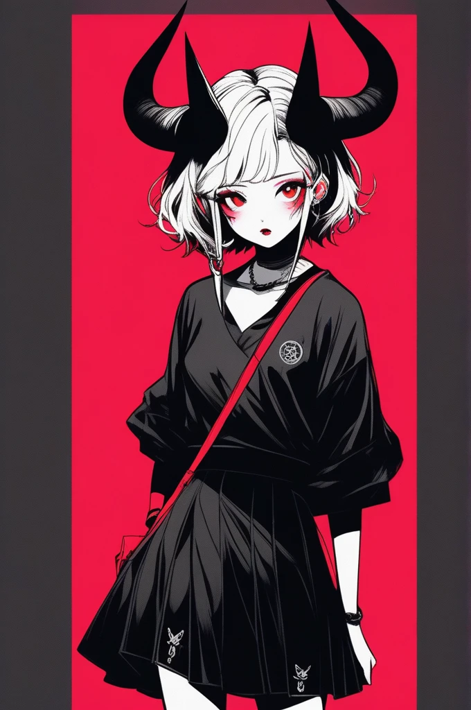 (best quality, sketch:1.2),realistic,illustrator,anime,1 girl with horns, detailed lips,custom, short skirt, black and red gradient background,neon hair,textured cropping, masterpiece, style retro classic, noir style , Japanese style, full body ((monochrome))