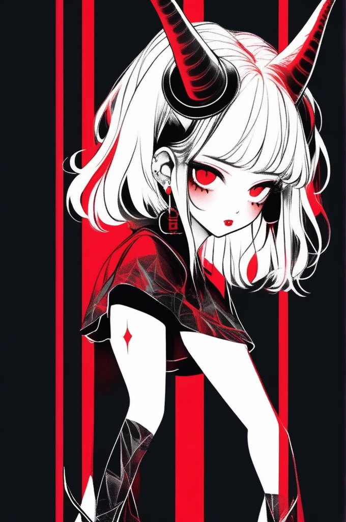 (best quality, sketch:1.2),realistic,illustrator,anime,1 girl with horns, detailed lips,custom, short skirt, black and red gradient background,neon hair,textured cropping, masterpiece, style retro classic, noir style , Japanese style, full body ((monochrome))